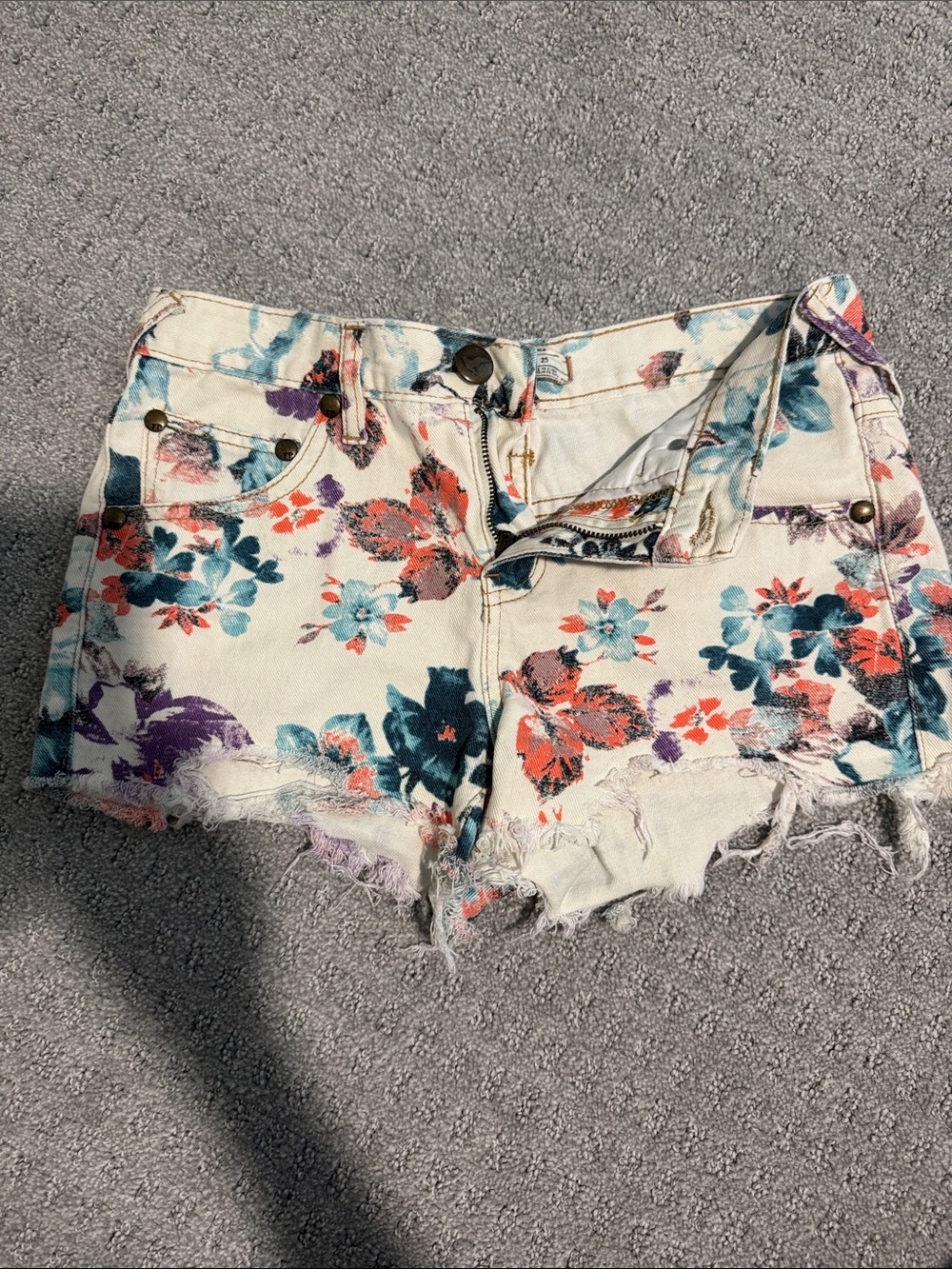 Free People Floral Frayed Denim Shorts - Cream with Teal, Coral & Purple